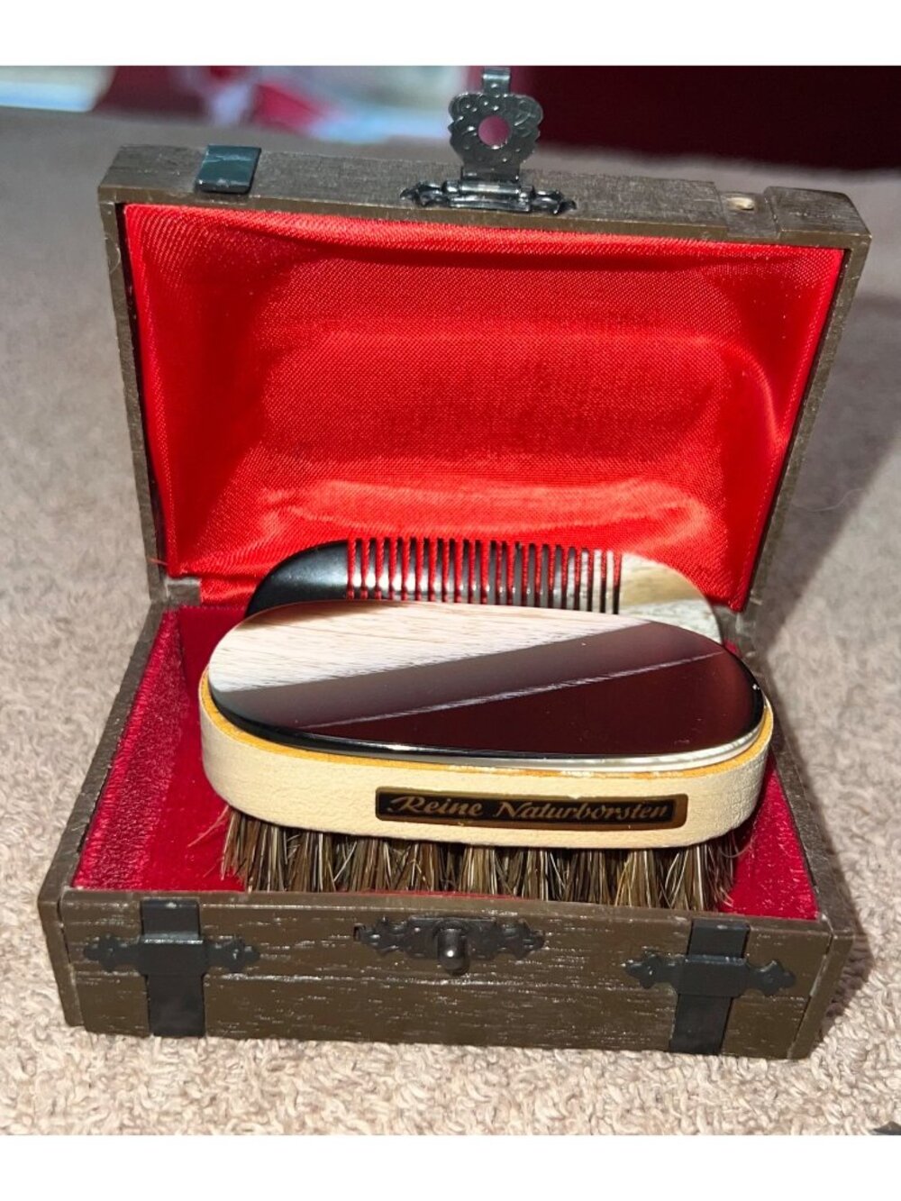 Vintage Reine Naturborsten Horn Brush & Comb Set Decorative Wooden Box European